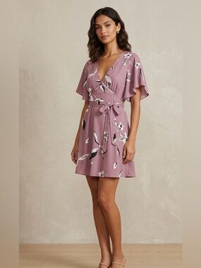 Dynamite Floral Wrap Dress - Mauve Pink with Tie Waist